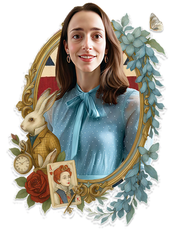 Image d'Alice Blanc entourée de références à Alice au pays des merveilles, professeure d'anglais courant et professionnel, donnant des cours en ligne et des guides d'anglais pro en PDF